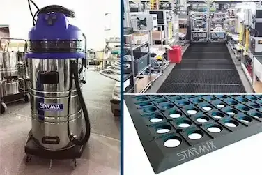 Tapetes ergonômicos NR-17 e aspiradores industriais STARMIX em linha de montagem na fábrica.