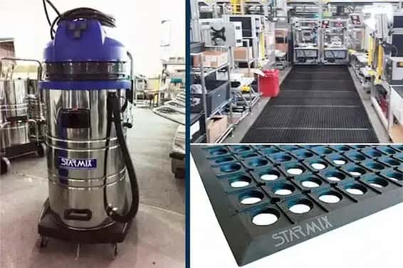 Tapetes ergonômicos NR-17 e aspiradores industriais STARMIX instalados em linha de montagem na fábrica.